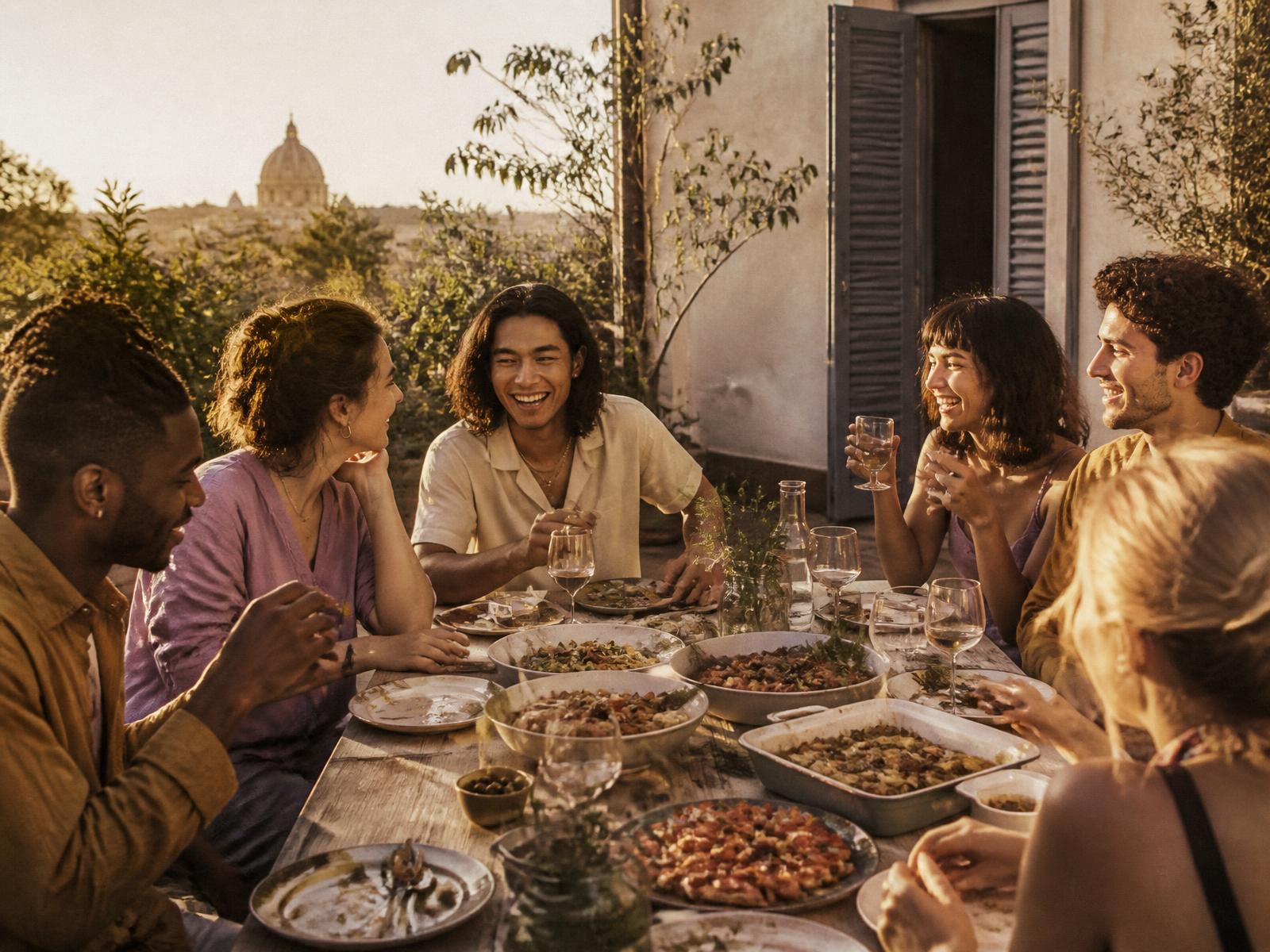 Un grupo de personas comparte una comida al atardecer en una terraza